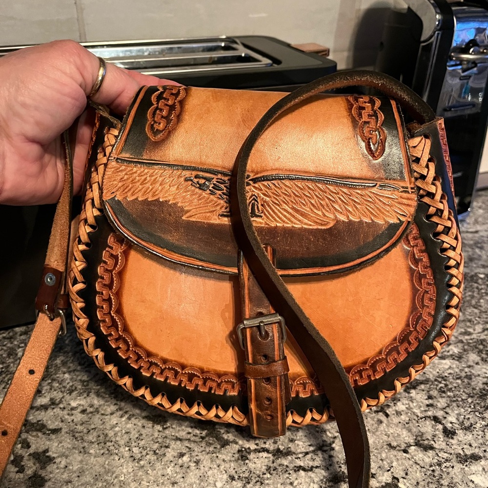 Vintage Hand Tooled Leather Aztec Design Handbag Crossbody